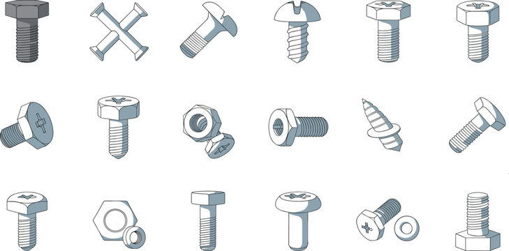 Set of metal bolts, screws, nuts, and fasteners in various types, industrial hardware elements for construction, repair, and mechanical engineering vector illustrations