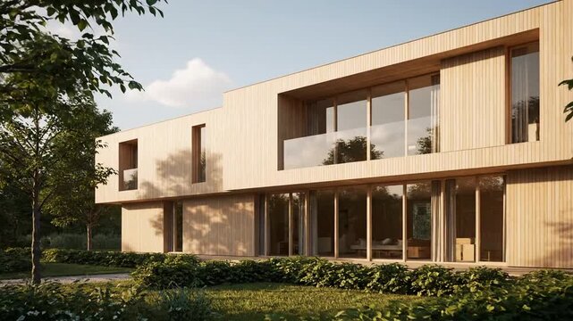 Modern luxury wooden house exterior with large glass windows and minimalist design surrounded by lush green garden on a bright day