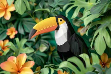 Obraz premium Low poly toucan with colorful beak hiding in lush tropical foliage, a vibrant and playful illustration