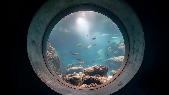 Underwater scene through circular window showcasing fish and sunlight