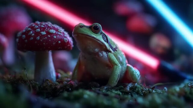 Vibrant frog beside mushroom in fantasy setting with atmospheric lighting
