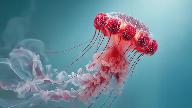 Vibrant red and white jellyfish swimming in ocean water