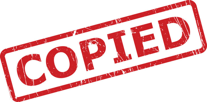 Distressed red rubber stamp mark showing the word COPIED prominently positioned against a pristine white backdrop