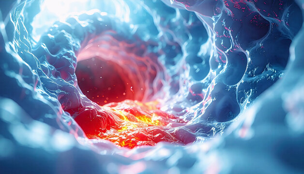 3D medical illustration of an inflamed blood vessel showing cellular inflammation and vascular disease inside the human body.