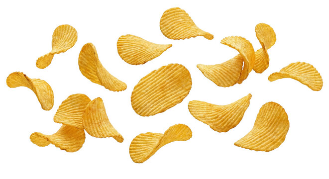 Flying Potato Chips Crispy Ridged Slices Falling and Exploding Isolated on White Background for Salty Snack Branding and Fast Food Marketing Advertising Design Macro Shot