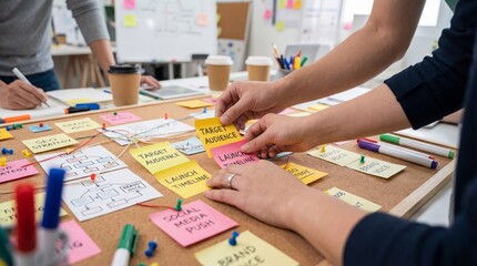 Collaborative strategy planning session modern office space visual brainstorming creative environment close-up perspective team dynamics