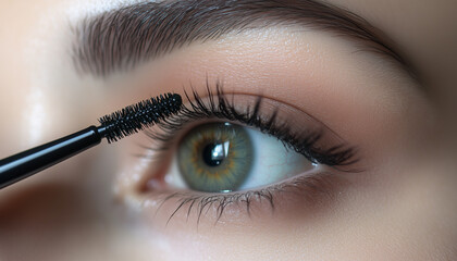 Naklejka premium Woman applies black mascara to her long lashes. Closeup eye with defined eyebrows and green iris. Beauty routine focus on makeup application