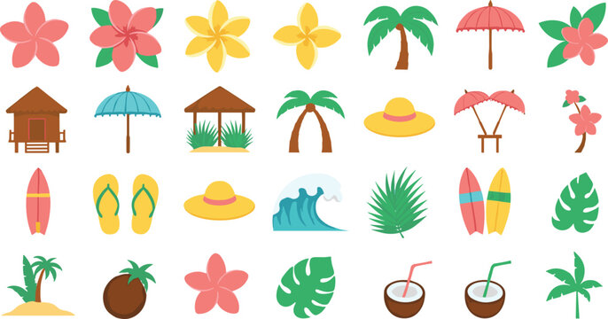 Set of tropical summer vacation icons including palm trees, flowers, beach umbrellas, surfboards, waves, and coconut drinks, colorful cartoon vector illustrations