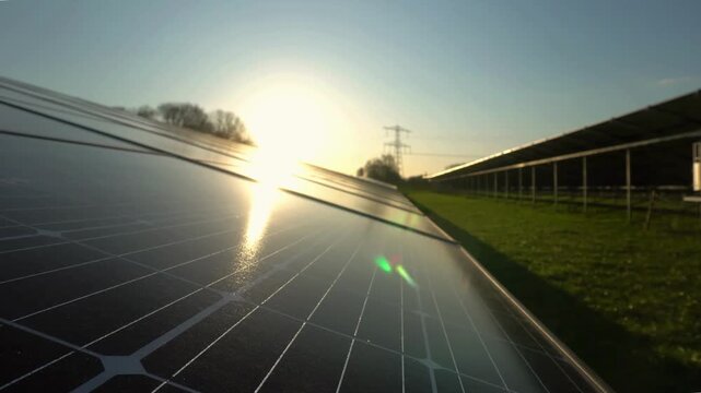 Macro Texture of Polycrystalline Silicon Solar Cell showing Photovoltaic Wafer Grid and Sun Flare Reflection for Clean Energy Technology
