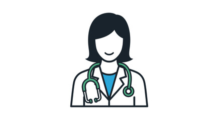 Fototapeta premium A smiling female doctor with a stethoscope around her neck and a lab coat on a plain white background in a simple line drawing style.