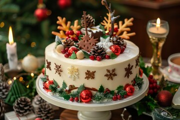 Delicious christmas cake decorated with snowflakes, berries, and pine cones displayed on a festive table