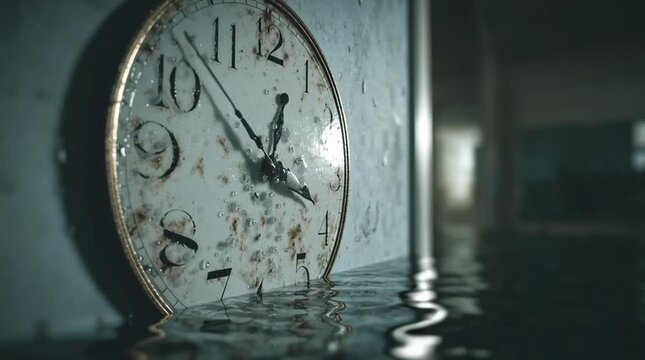 Clock subtly melting into the wall, blurred numbers and distorted form. Surreal concept image symbolizing time distortion, memory loss, pressure, and altered perception.
