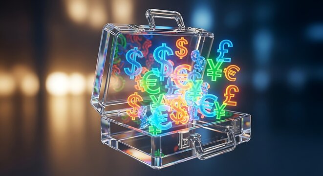 Transparent Briefcase Filled with Glowing Neon Currency Symbols.