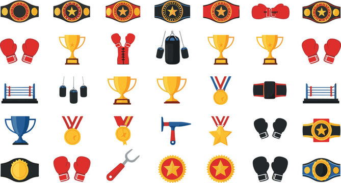 Set of boxing and championship icons including belts, gloves, trophies, medals, rings, and training equipment, colorful cartoon vector illustrations for sports design