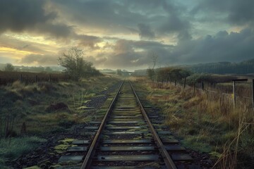 Fototapeta premium Rusty railway track disappearing into a misty landscape at dawn, promising adventure and exploration