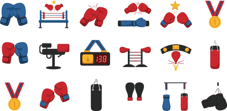 Set of boxing and combat sports equipment icons including gloves, belts, trophies, ring, helmets, and training gear, colorful cartoon vector illustrations