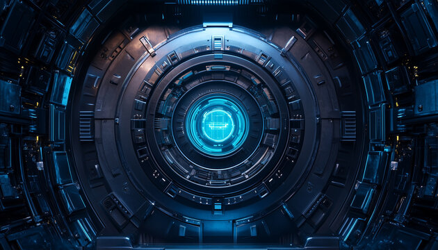 Digital secure vault with glowing blue light. Futuristic safe, cyber security concept. Data protection and safe access, virtual data storage