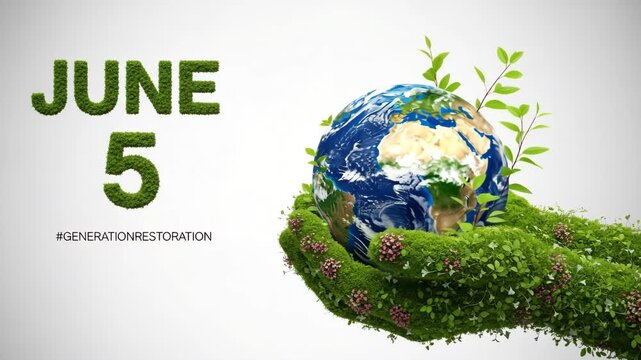June 5th Environment Day Earth planet held in lush green mossy hand with growing plants 4K Ai HD high quality video.