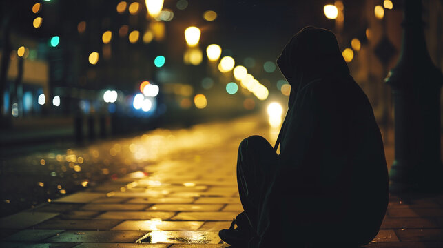 Faceless homeless silhouette sitting on sidewalk at night, city lights blurred background, respectful social issue concept.