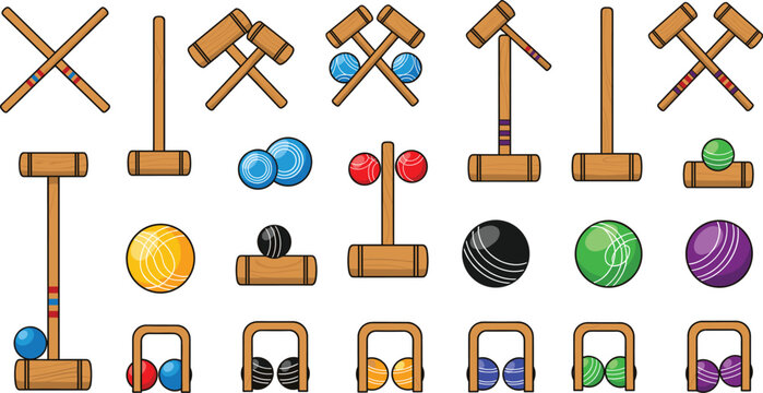 Set of wooden croquet game equipment illustrations with mallets, balls, wickets, and goals, cartoon style vector elements for outdoor sports and leisure