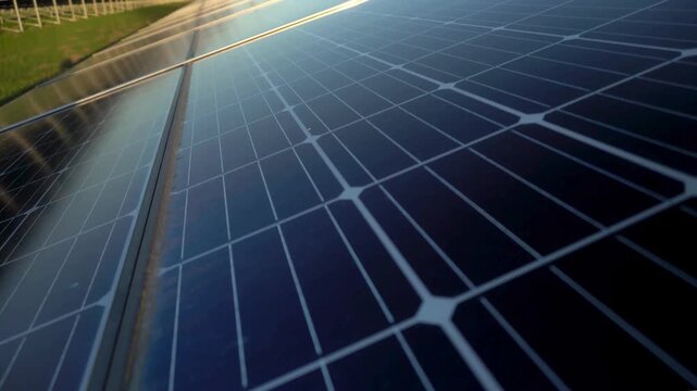 Macro Texture of Polycrystalline Silicon Solar Cell showing Photovoltaic Wafer Grid and Sun Flare Reflection for Clean Energy Technology