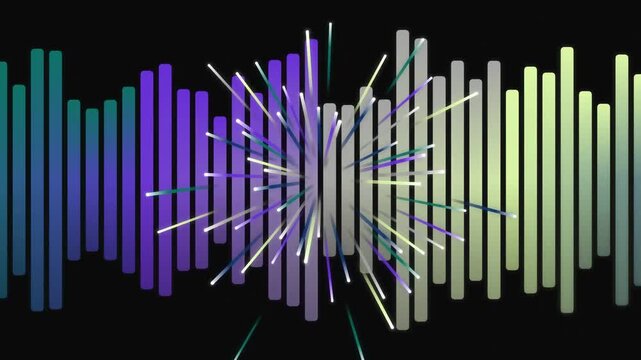 Vibrant colorful sound wave visualizer representing audio frequency spectrum analysis with dynamic graphical music equalizer display technology.