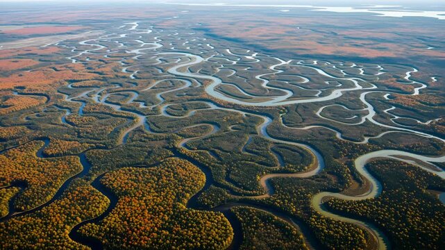 Aerial view of winding river delta meandering through autumn forest landscape vast wilderness scene 4K Ai HD high quality video.