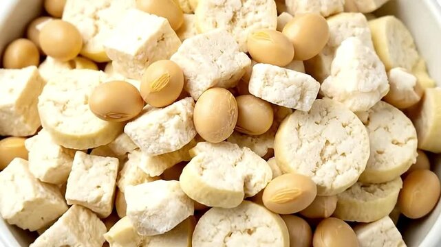 A clean, top-down closeup of a white bowl filled with soybeans and freeze-dried tofu. This plant-based mixture highlights healthy eating and vegetarian protein sources, with a bright and minimalist ae