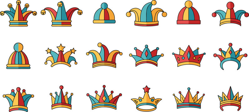 Set of colorful jester hats and carnival crowns illustrations for circus, festival, party costumes, playful cartoon vector accessories isolated on white