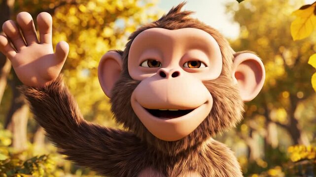 Animated monkey character waving hand smiling in forest environment