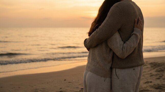 Couple hugging on beach at sunset, romantic seaside moment