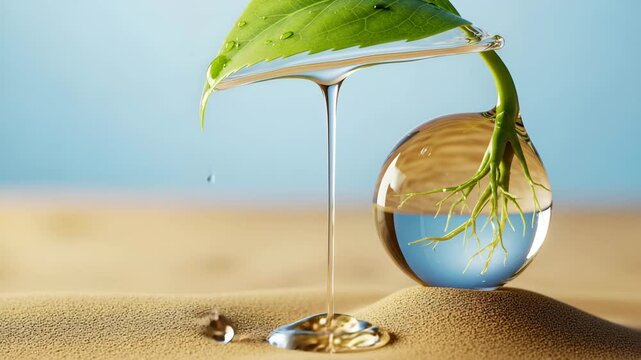 Macro close up of a single green leaf with water droplets falling from its edge into a clear 4K Ai HD high quality video.