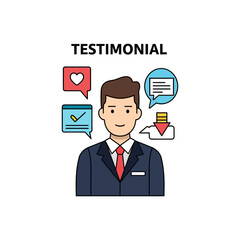 Businessman giving testimonial with speech bubbles and positive feedback