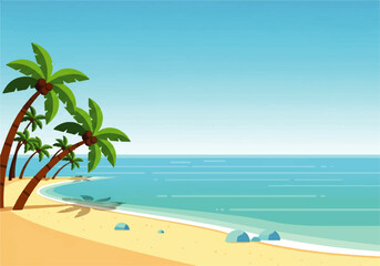 Obraz premium Vector flat design illustration of a serene beach scene with palm trees, sandy shore, and calm ocean waters under a clear blue sky.