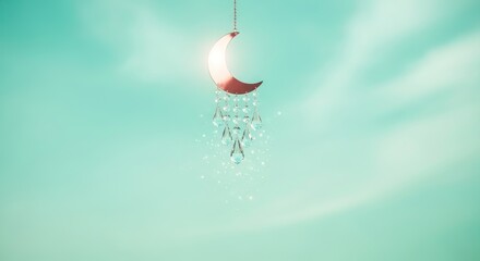 Soft mint green sky with crescent moon decoration and crystal drops ramadan kareem islamic eid mubarak background download 2026 2027