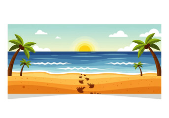 Obraz premium A serene Vector Flat Design Ilustration of a tropical beach scene with palm trees, footprints in the sand, and a sunny ocean view.