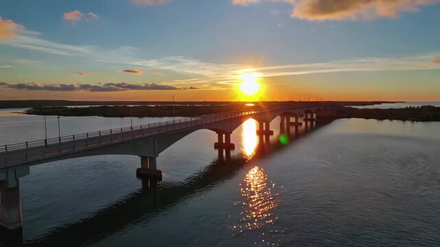 Panoramic view of the bridge spanning the water at sunset