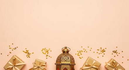 Soft peach background with gold gifts and lantern ramadan kareem islamic eid mubarak background download 2026 2027