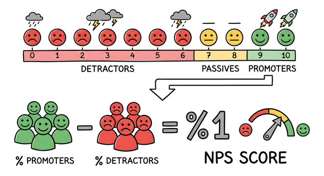 Conceptual hand drawn illustration of Net Promoter Score NPS metrics using visual metaphors like battery and building blocks