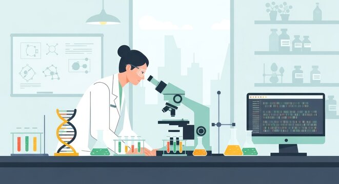 Woman scientist looks through microscope in laboratory. Lab research, medicine, science, analysis, DNA, and technology concept.