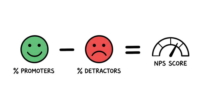 Hand drawn Net Promoter Score NPS calculation formula illustration with promoter and detractor characters for business presentation
