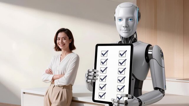 Smart ai robot assistant holding checklist beside adult woman at modern home interior. Concept of task completion, efficiency, and humorous control of daily routines
