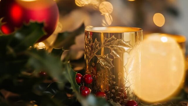 Close up of golden candleholder with holly design and blurred background