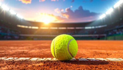 Tennis ball on clay court at sunset in professional stadium