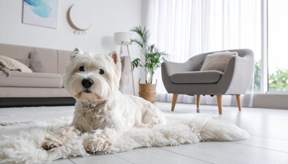 Cute white dog relaxing on plush rug in modern living room