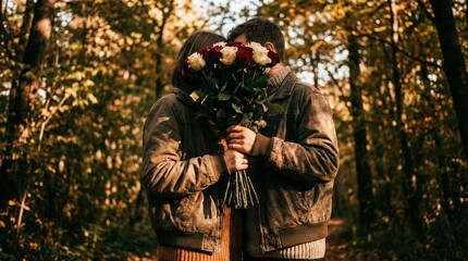 Obraz premium Faceless Romantic Couple Sharing Roses in Forest During Autumn