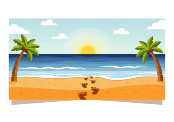 Obraz premium Vector flat design illustration of a serene beach scene with palm trees, a sunset, and footprints in the sand against a bright blue ocean and sky.