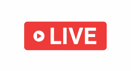 Vibrant red live broadcast button with a prominent play icon, symbolizing real-time streaming and event coverage for online platforms and digital content