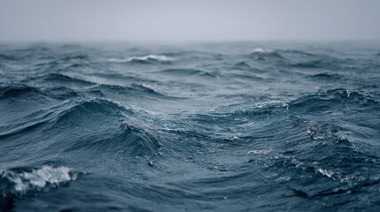 Turbulent ocean surface with waves and whitecaps under a hazy, overcast sky. Focus is on the water with depth of field blur