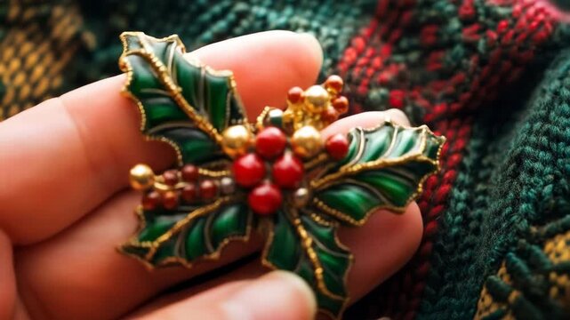 Close up of holly brooch on textured fabric